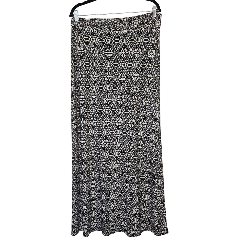 Kori Skirt Women L Black White Geometric Diamond Print Maxi Fold Over Waist Boho
